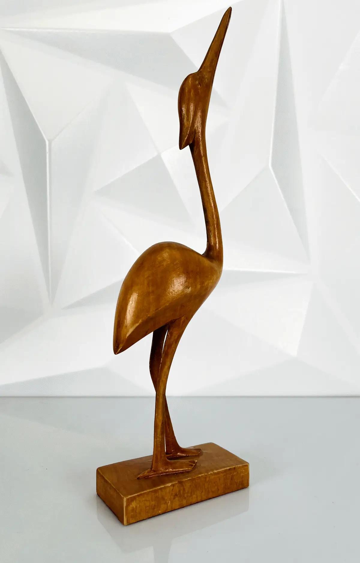 Skulptur Kranich aus Holz - Handgeschnitzte Mid Century Dekofigur