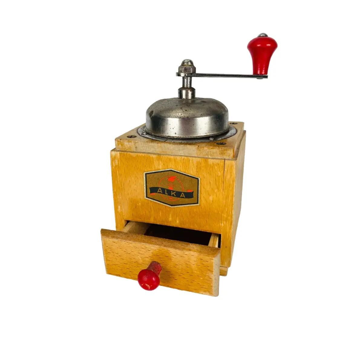 ALKA Kaffeemühle mit rotem Kurbelgriff - Vintage Handkaffeemühle aus Holz und Metall, 1950er